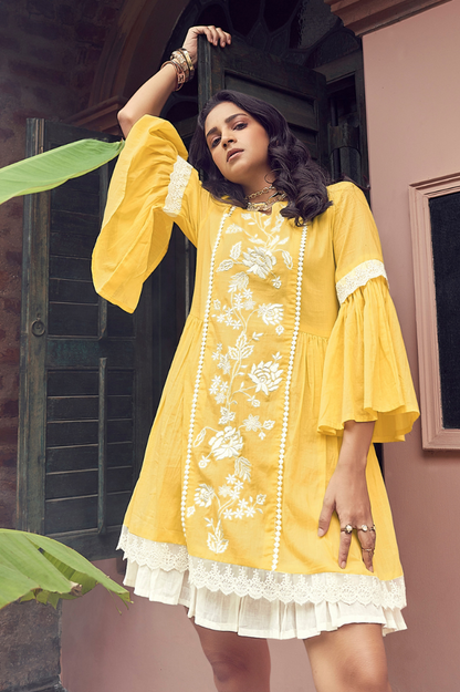 Vibrant Yellow Dress with Lace Detailing