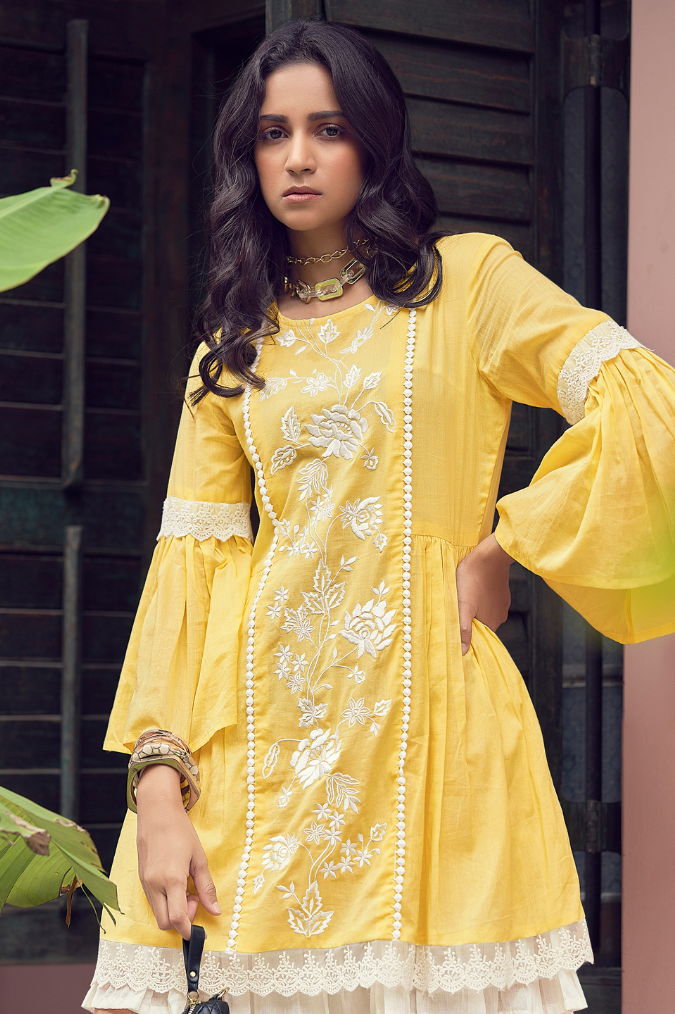 Vibrant Yellow Dress with Lace Detailing