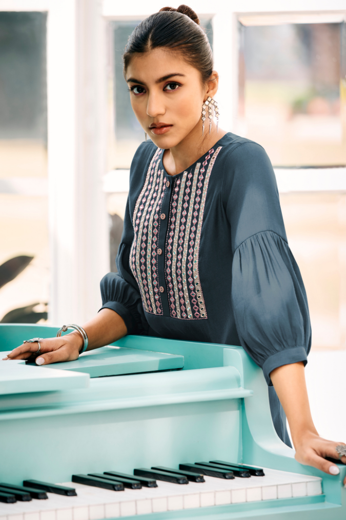 Teal Blue Co-ord Set with Mirror Work