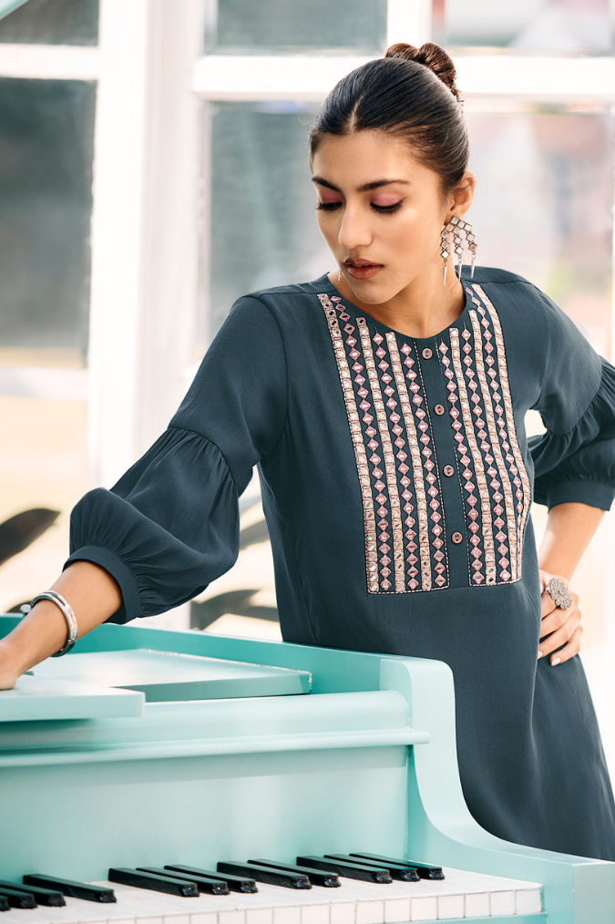 Teal Blue Co-ord Set with Mirror Work