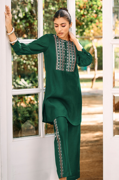 Bottle Green Co-ord Set with Mirror Work