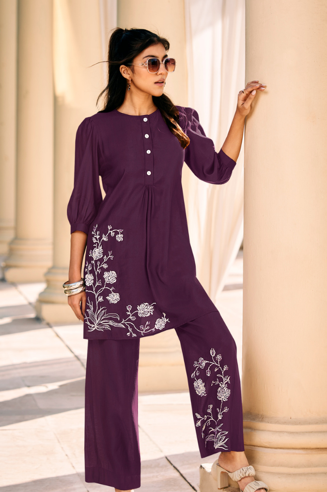 Purple Co-ord Set with Floral Embroidery