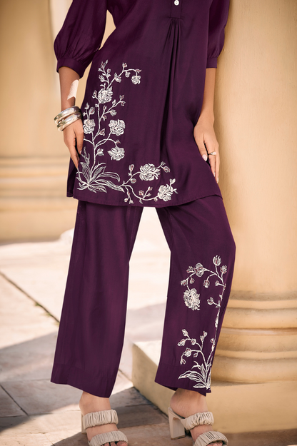 Purple Co-ord Set with Floral Embroidery