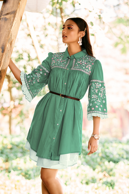 Sea Green Shirt Dress with Floral Embroidery