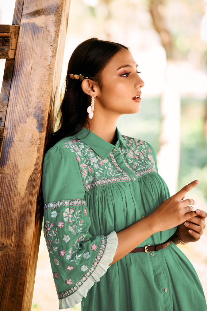 Sea Green Shirt Dress with Floral Embroidery