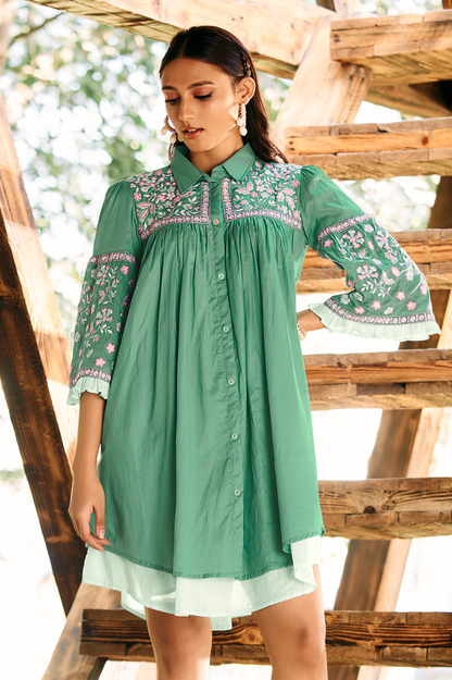 Sea Green Shirt Dress with Floral Embroidery