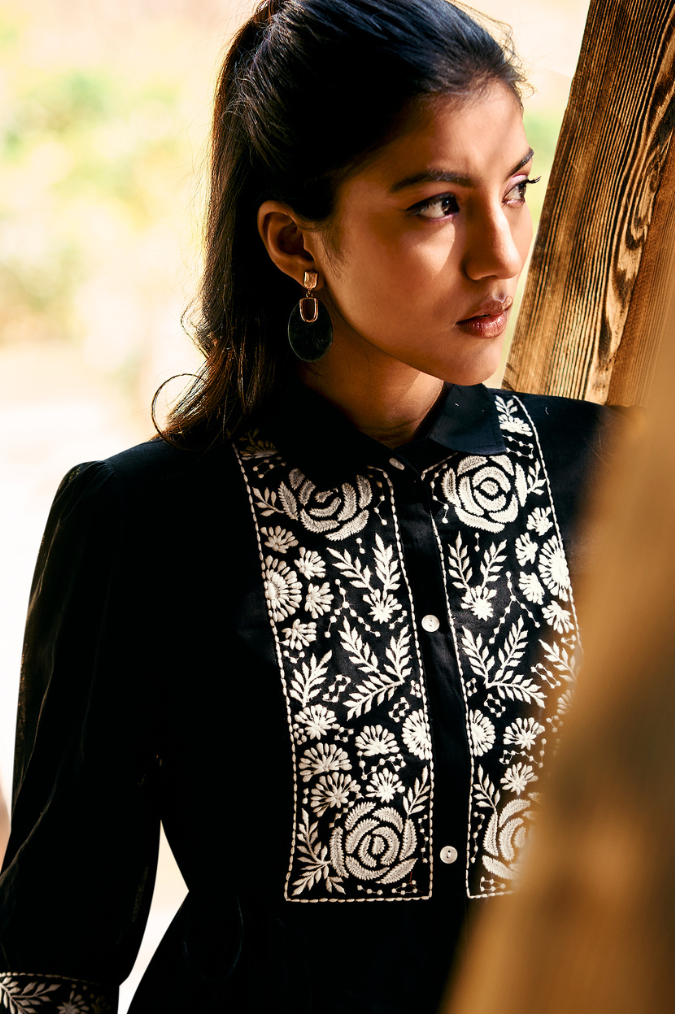 Classic Black Dress with Floral Embroidery