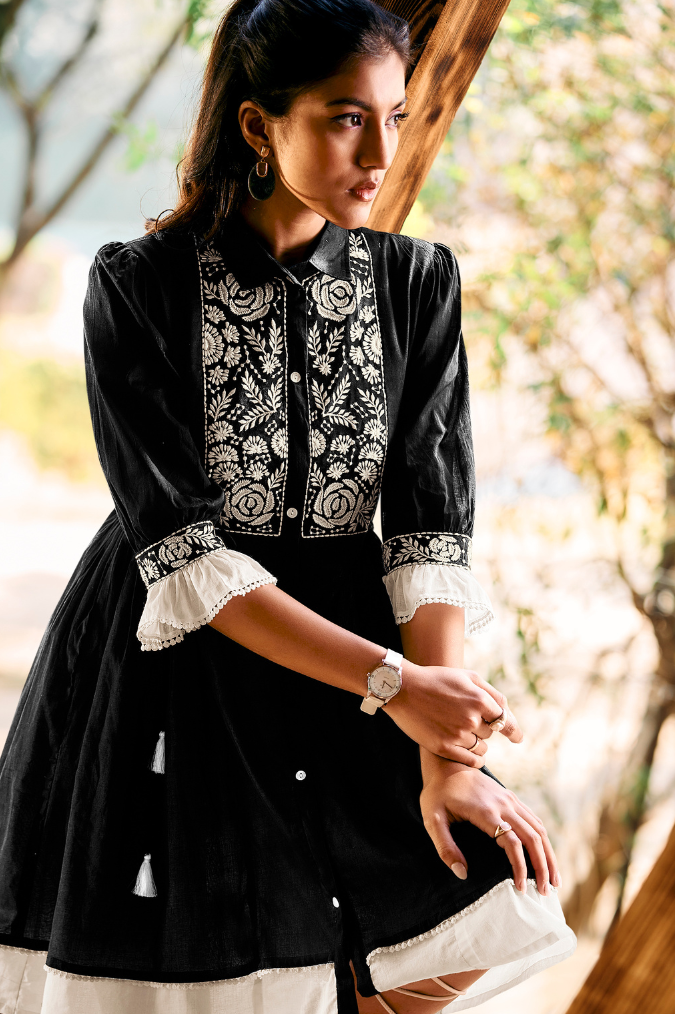 Classic Black Dress with Floral Embroidery