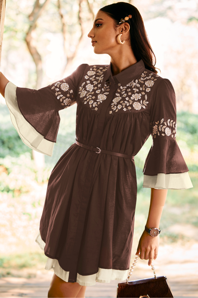 Chocolate Brown Shirt Dress with Floral Embroidery