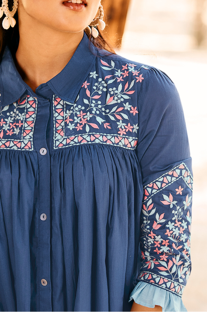 Blue Shirt Dress with Floral Embroidery