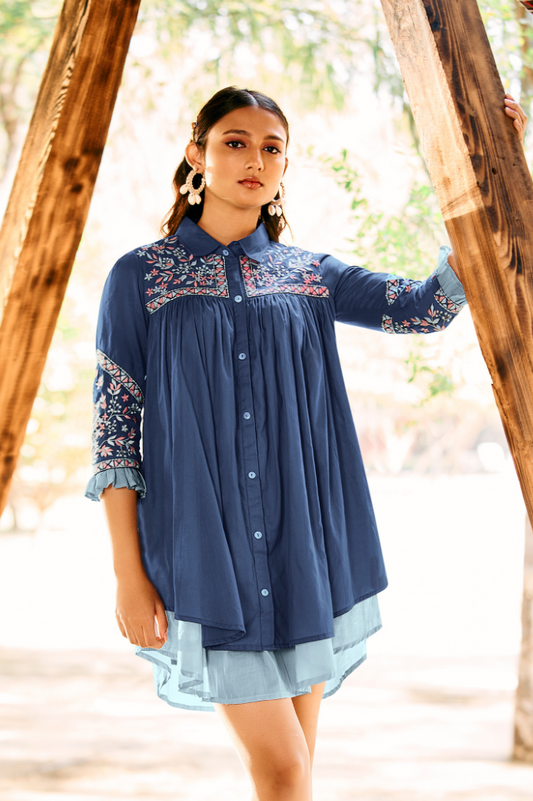 Blue Shirt Dress with Floral Embroidery