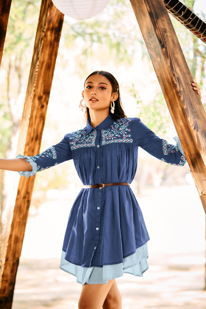 Blue Shirt Dress with Floral Embroidery