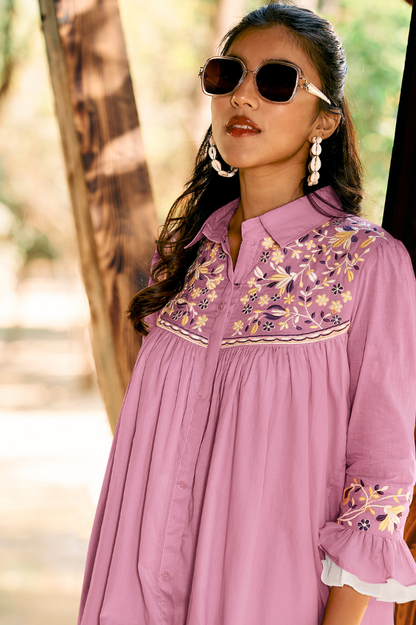 Pink Shirt Dress with Floral embroidery