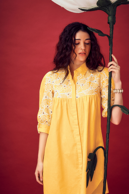 Vibrant Yellow Schiffli Shirt Dress