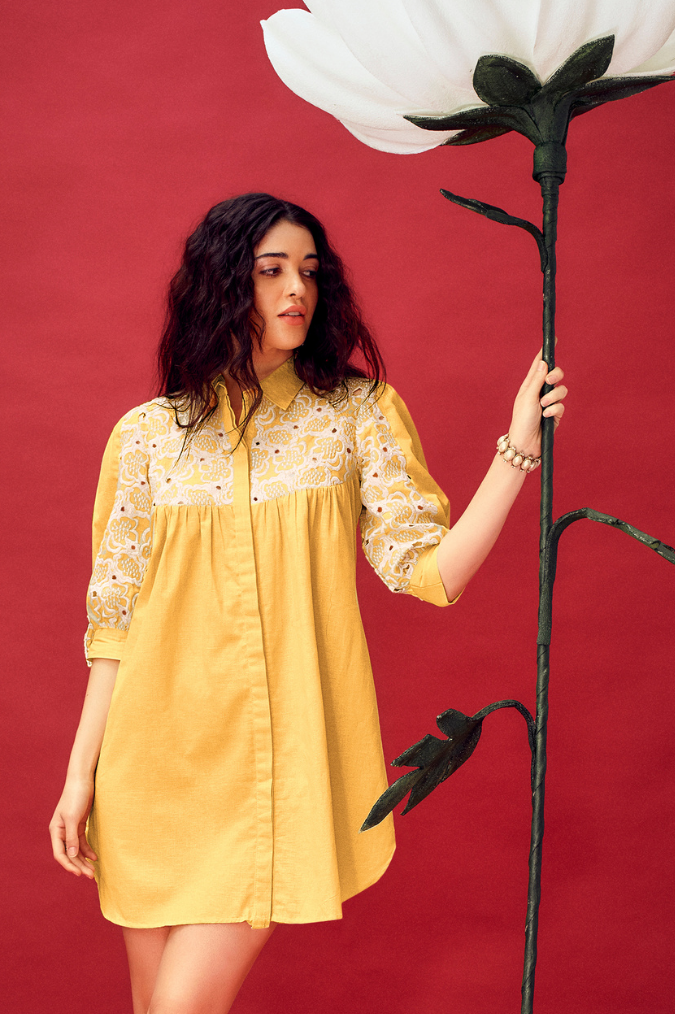 Vibrant Yellow Schiffli Shirt Dress