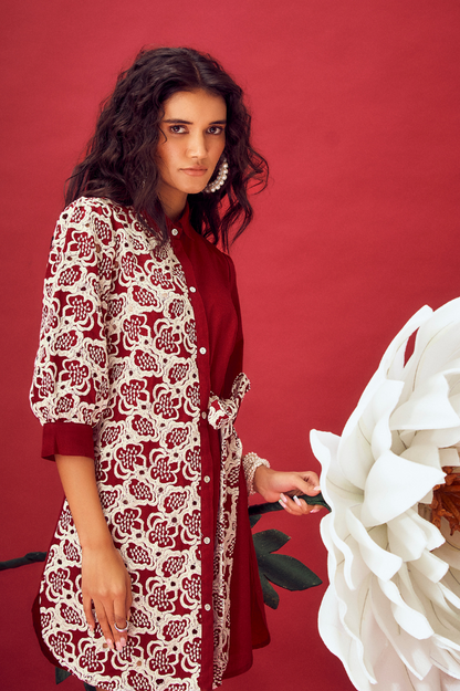 Maroon Schiffli Shirt Dress