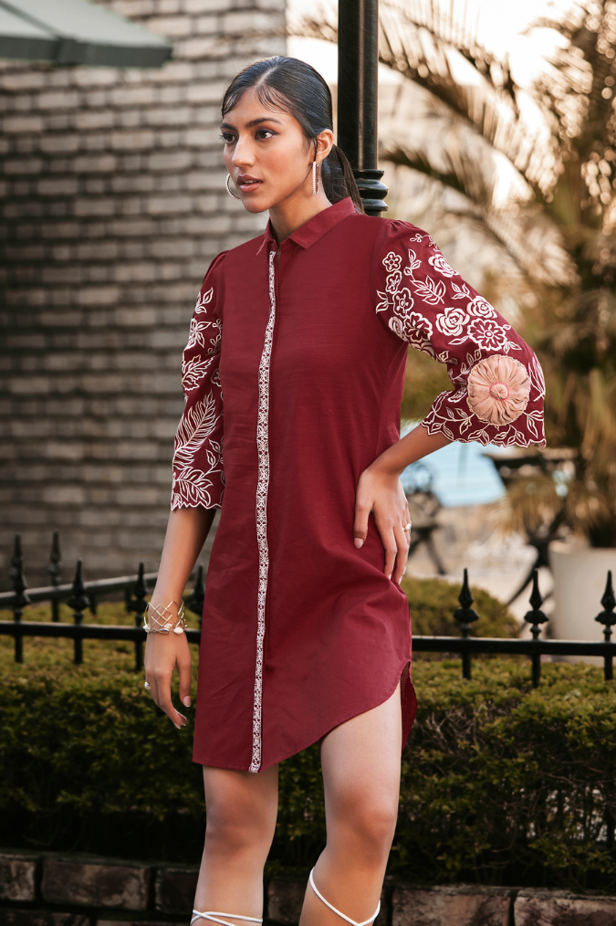 Maroon Linen Shirt Dress