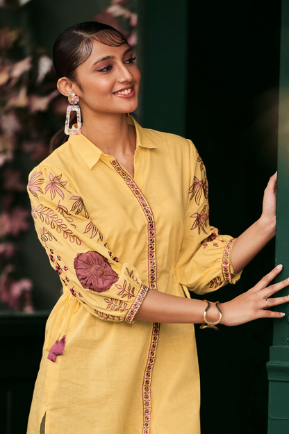 Vibrant Yellow Linen Shirt Dress