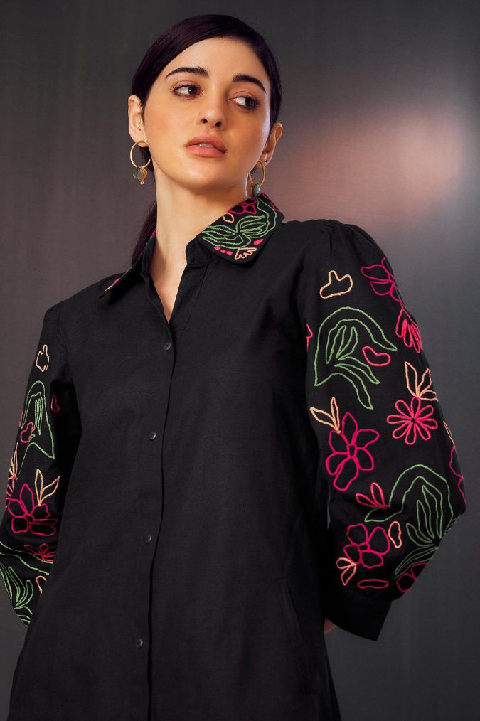 Black Shirt Dress with Colourful Thread Work