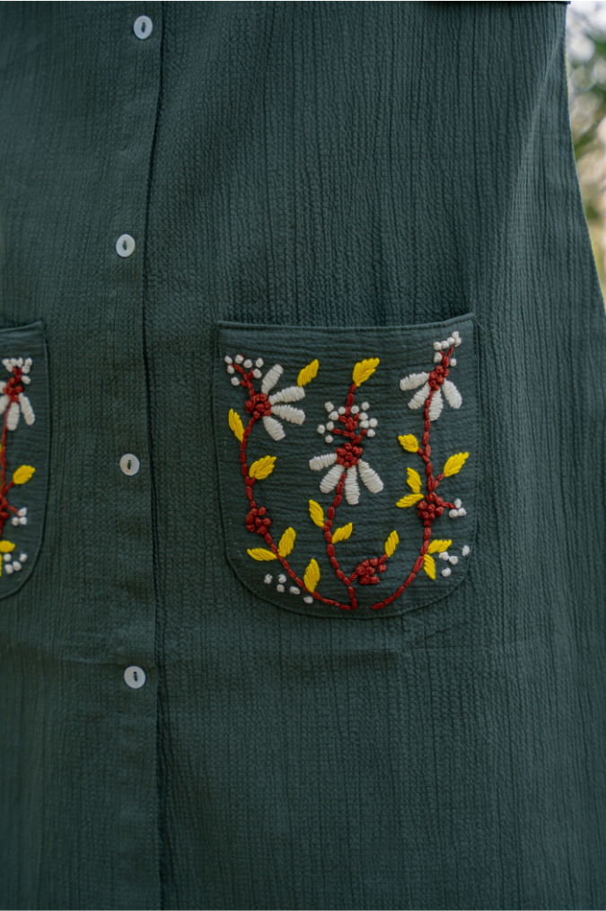 Bottle Green Dress with thread work