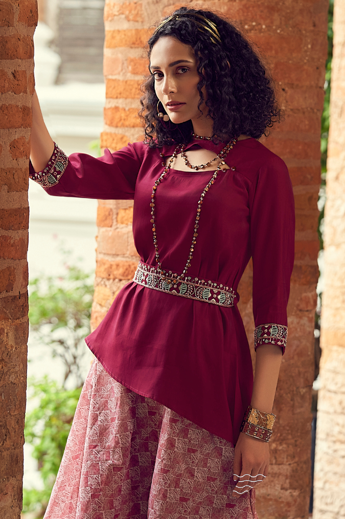 Maroon Skirt Set with Belt