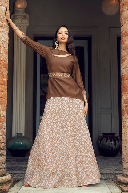 Brown Skirt Set with Belt