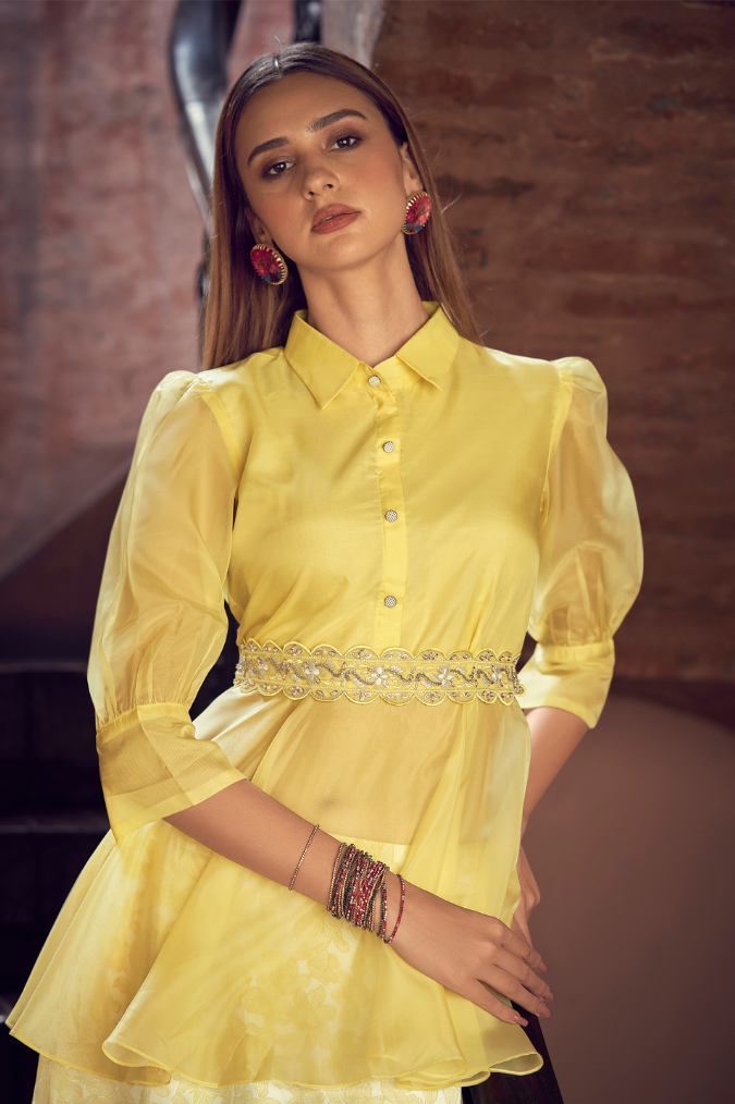 Yellow Skirt Set with Belt