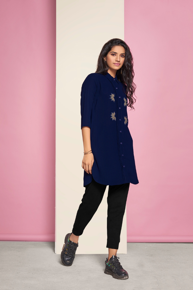 Navy Blue Shirt Dress with Hand work