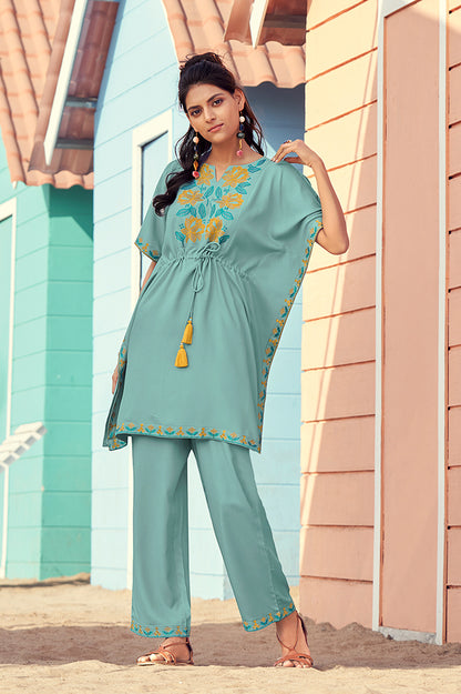 Aqua blue kaftan co-ord set with thread work