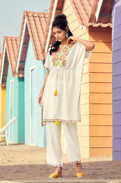 Pearl white kaftan co-ord set with thread work