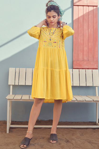 yellow dress with mirror work