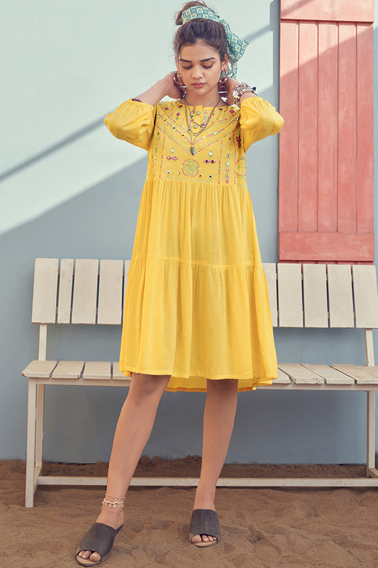 yellow dress with mirror work