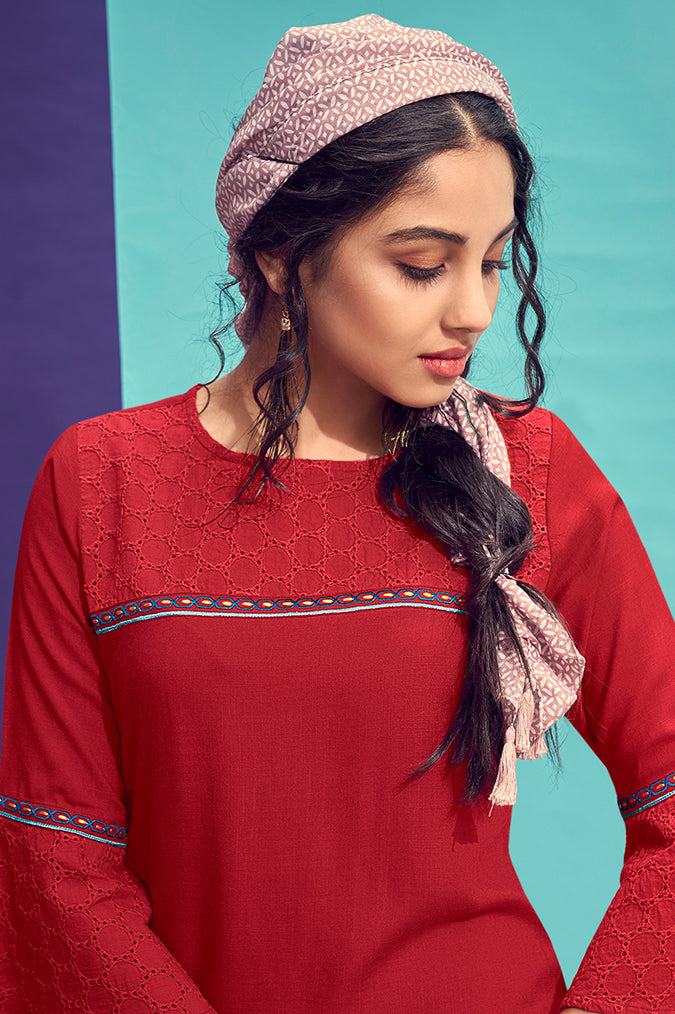 Red dress with thread work