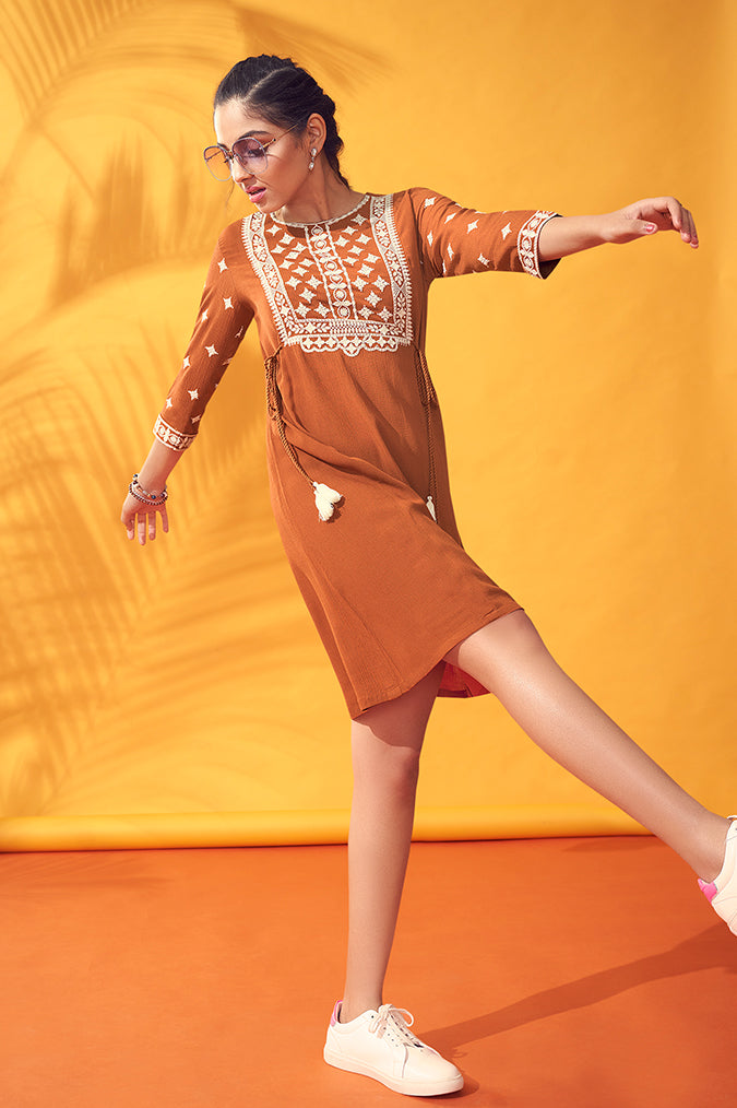 Rust Chiffon dress with thread work