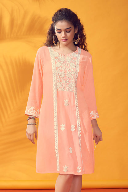 Blush pink chiffon dress with thread work