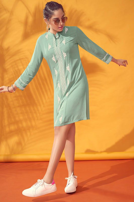 Aqua blue chiffon dress with thread work