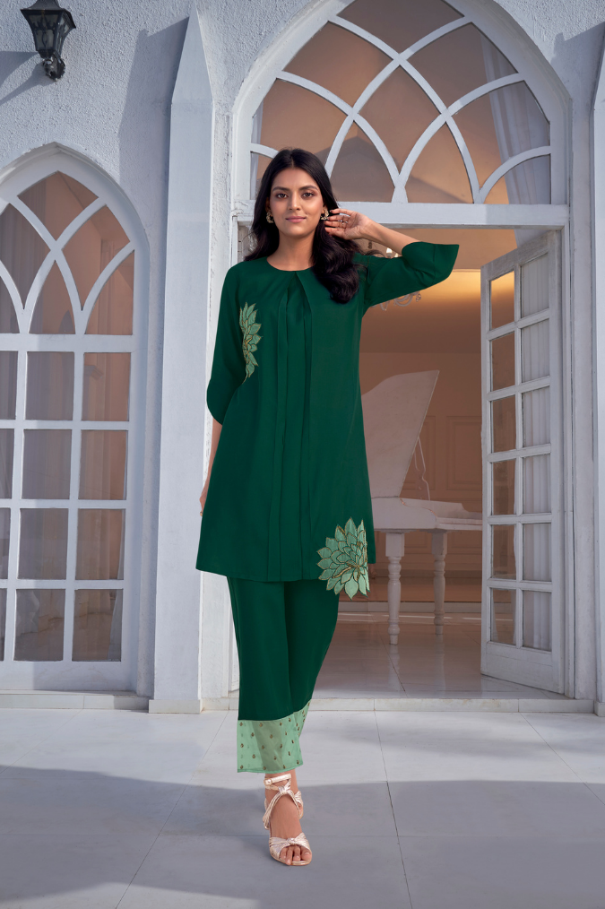 BOTTLE GREEN co-ord set with applique work