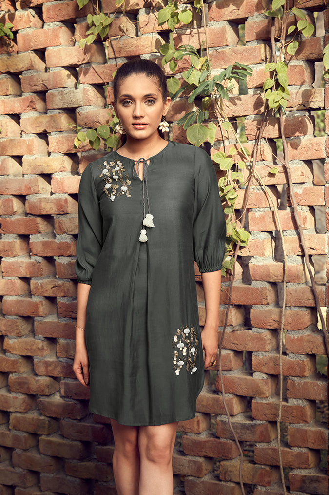 Charcoal grey dress with hand work