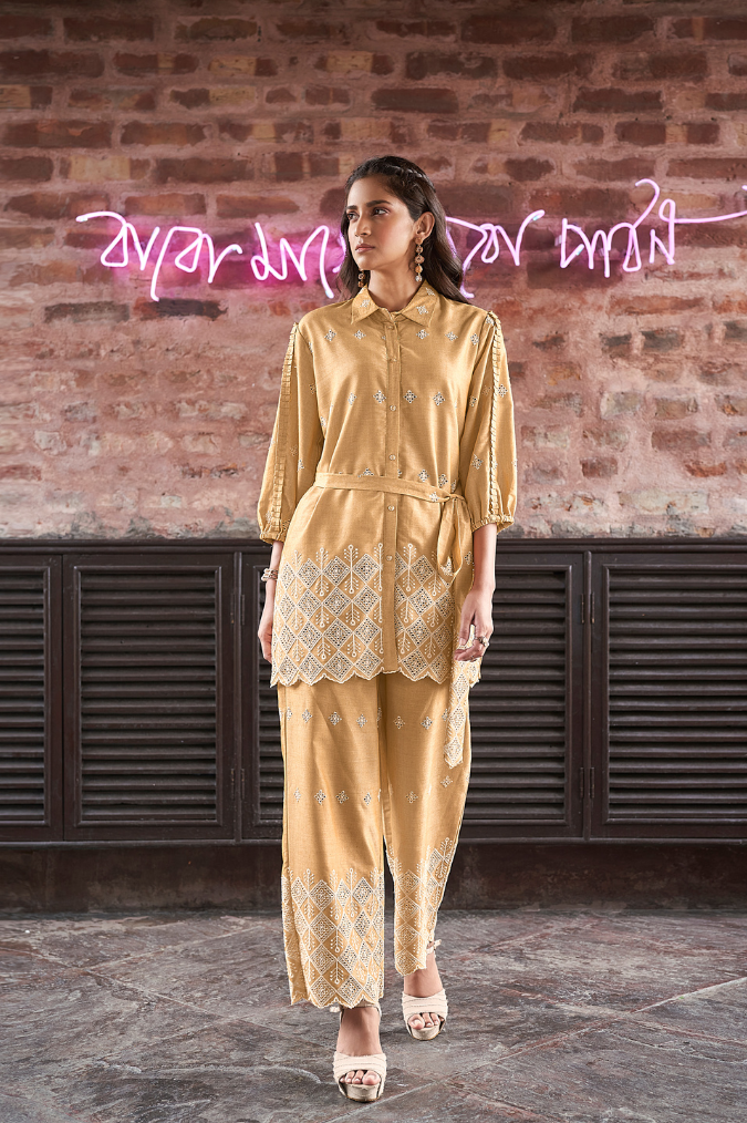 Mustard Yellow Schiffli Co-Ord Set