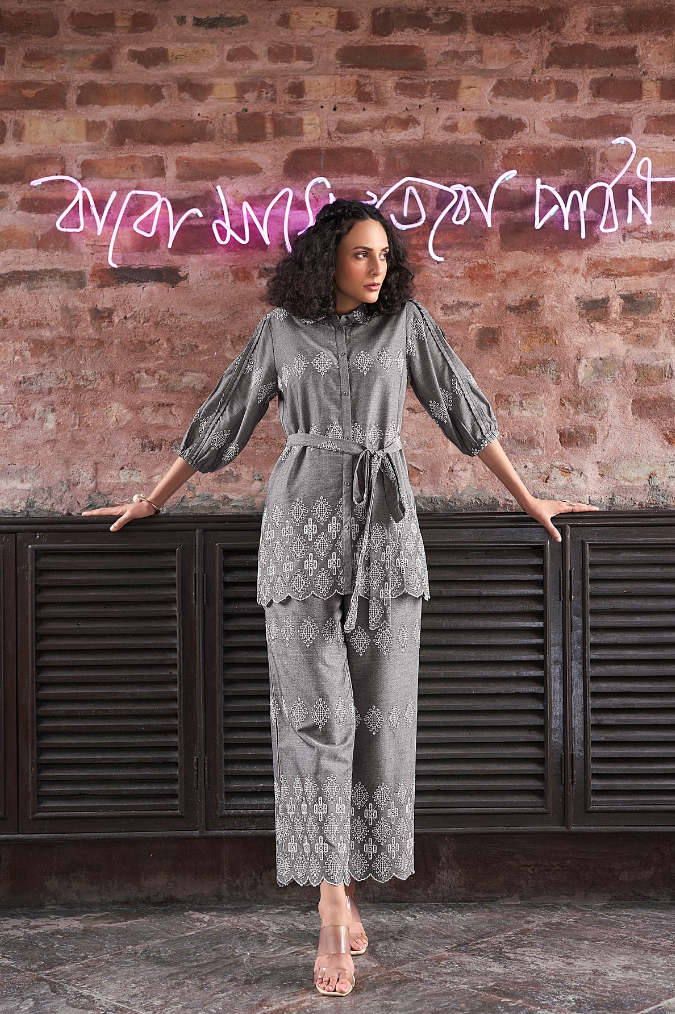 charcoal grey Schiffli Co-Ord Set