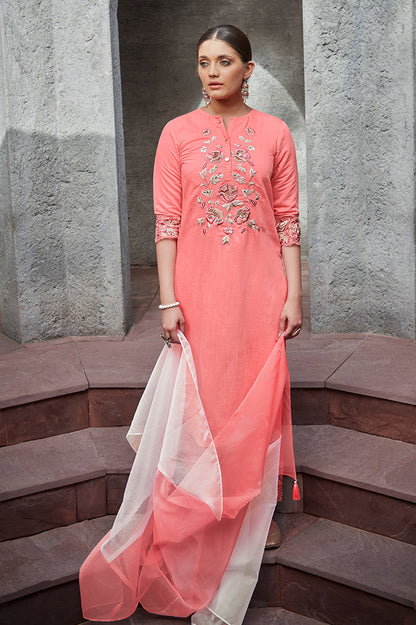 peach kurta set with dupatta