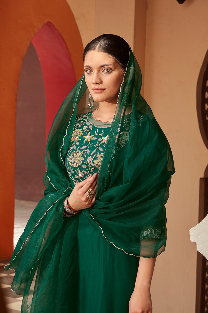 Bottle green kurta set with dupatta