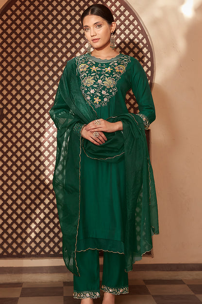 Bottle green kurta set with dupatta