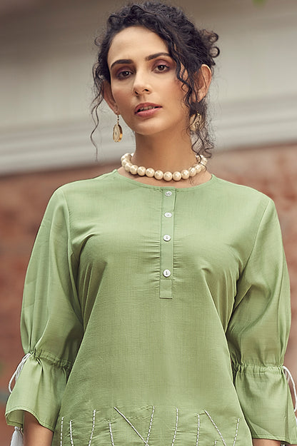 light green co-ord set with hand work