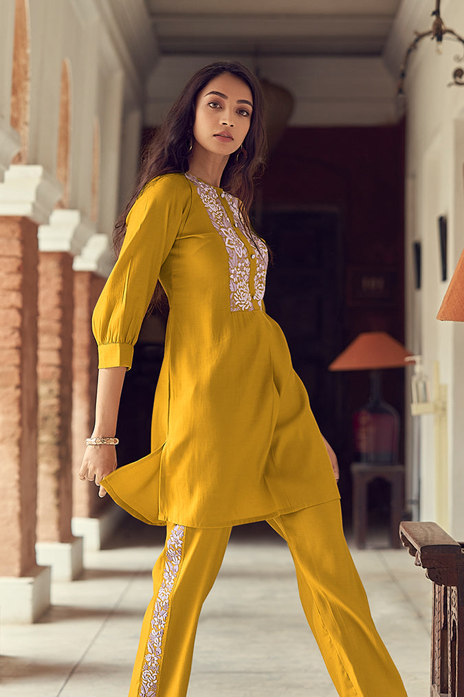 Mustard co-ord set with embroidery