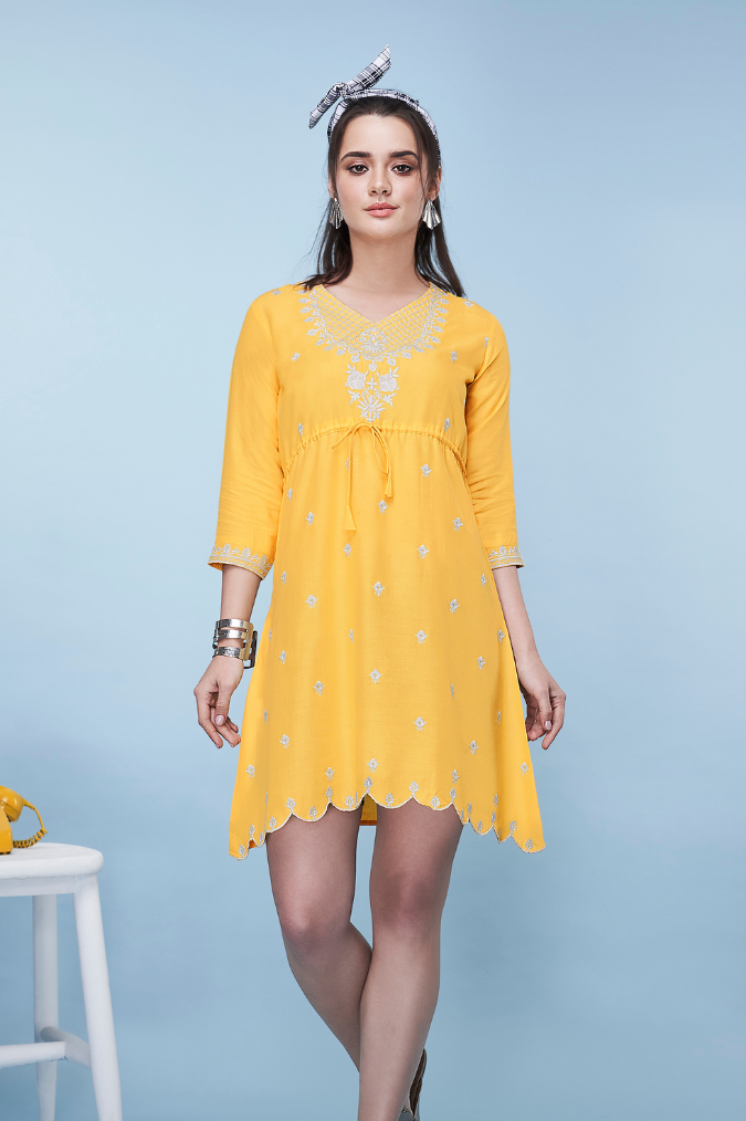 Vibrant Yellow Dress with Thread Work