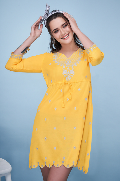 Vibrant Yellow Dress with Thread Work